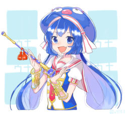 Rule 34 | 1girl, :d, ahoge, animal hat, blue background, blue eyes, blue hair, blue nails, bracer, braid, buttons, collared shirt, eel hat, fang, fingernails, gem, hat, hat ribbon, holding, holding wand, long hair, looking at viewer, low twintails, mogamiya honu, multicolored background, nail polish, necktie, open mouth, otomachi una, otomachi una (sugar), puffy short sleeves, puffy sleeves, red necktie, ribbon, sailor collar, shirt, short sleeves, sleeve cuffs, smile, solo, tassel, treble clef, tsurime, twin braids, twintails, two-tone background, upper body, very long hair, vocaloid, wand, white background, white sailor collar