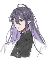 Rule 34 | 1boy, black hair, black shirt, blue eyes, closed mouth, cropped torso, hair between eyes, hair ornament, hairclip, hypnosis mic, jacket, jinguji jakurai, light smile, long hair, male focus, meito (maze), multicolored hair, open clothes, open jacket, purple hair, shirt, simple background, solo, turtleneck, two-tone hair, upper body, white background, white jacket