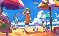 1girl aron azurill bandana bare_shoulders beach beach_umbrella black_shorts blue_sky brown_eyes brown_hair cloud cloudy_sky creatures_(company) fanny_pack game_freak gen_3_pokemon gloves green_bandana gulpin makuhita may_(pokemon) minun nintendo ocean orange_shirt pelipper people plusle pokemon pokemon_(creature) pokemon_emerald pokemon_rse rowdon sand ship shirt shorts skitty sky sleeveless sleeveless_shirt tuber_(pokemon) umbrella walking watercraft wingull