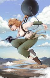 Rule 34 | 1girl, artist name, blue eyes, braid, braided ponytail, brown footwear, brown hair, cloud, day, decadence (anime), glasses, green pants, harness, headband, highres, midair, mountain, natsume (decadence), open mouth, outdoors, pants, phi (youchube), profile, prosthesis, prosthetic arm, river, shirt, short sleeves, white shirt