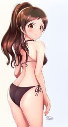 Rule 34 | 1girl, absurdres, ass, back, bikini, black bikini, blush, breasts, brown eyes, brown hair, closed mouth, flat ass, from behind, halterneck, high ponytail, highres, idolmaster, idolmaster million live!, idolmaster million live! theater days, kitazawa shiho, long hair, looking at viewer, looking back, medium breasts, parted bangs, ponytail, runmo77, shoulder blades, side-tie bikini bottom, simple background, solo, standing, string bikini, swimsuit, very long hair, white background