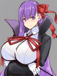 Rule 34 | 1girl, bb (fate), bb (fate/extra), black coat, blush, breasts, closed mouth, coat, crossed arms, fate/extra, fate/extra ccc, fate (series), gloves, grey background, hair between eyes, hair ribbon, hayama kazusa, high collar, highres, huge breasts, large breasts, long hair, long sleeves, looking at viewer, neck ribbon, open clothes, open coat, popped collar, purple eyes, purple hair, red ribbon, ribbon, simple background, smile, solo, upper body, very long hair, wand, white gloves