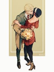 Rule 34 | 1boy, 1girl, ankle boots, bare shoulders, black hair, black pantyhose, blonde hair, blush, boots, bouquet, collared shirt, commentary, couple, ear blush, flower, flying sweatdrops, full body, green jacket, green pants, hairband, hetero, high heel boots, high heels, highres, holding, holding bouquet, hug, husband and wife, jacket, jewelry, long hair, maiii (smaii i), nape, necktie, pants, pantyhose, red necktie, red sweater, ring, shirt, sidelocks, spy x family, standing, sweater, symbol-only commentary, twilight (spy x family), twitter username, white hairband, white shirt, yor briar