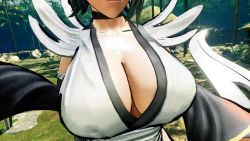 Rule 34 | 1girl, 3d, animated, apron, black hair, blue sky, bouncing breasts, breast focus, breasts, huge breasts, iroha (samurai spirits), jumping, lips, looking to the side, maid, maid headdress, samurai spirits, screencap, short hair, sky, smile, solo, sound, third-party edit, video, wide hips