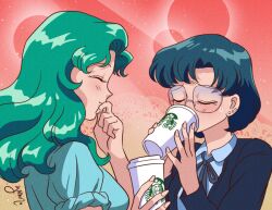 Rule 34 | 2girls, bishoujo senshi sailor moon, black hair, black jacket, breasts, closed eyes, coffee cup, commentary, cup, curly hair, disposable cup, earrings, glasses, green hair, holding, holding cup, jacket, jewelry, kaiou michiru, medium breasts, medium hair, mizuno ami, multiple earrings, multiple girls, rimless eyewear, signature, smile, starbucks, sweatdrop, symbol-only commentary, yamino