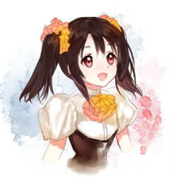 Rule 34 | 10s, 1girl, black hair, hair ornament, love live!, love live! school idol project, macciatto (aciel02), open mouth, puffy short sleeves, puffy sleeves, red eyes, scrunchie, short sleeves, solo, twintails, yazawa nico