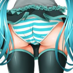 Rule 34 | 1girl, aqua hair, ass, blue panties, blue thighhighs, close-up, dr rex, from behind, green thighhighs, hatsune miku, lace, lace-trimmed panties, lace trim, long hair, panties, pantyshot, shiny skin, skirt, solo, striped clothes, striped panties, thighhighs, twintails, underwear, upskirt, very long hair, vocaloid