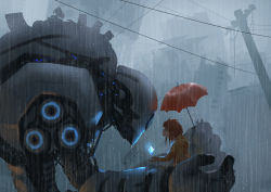 Rule 34 | 1girl, cable, city, crystal, glowing, mecha, original, rain, realistic, red hair, robot, ruins, science fiction, umbrella, utility pole, utility pole (object), wlop