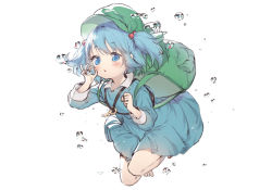 Rule 34 | 1girl, backpack, bag, bare legs, barefoot, blue dress, blue eyes, blue hair, blush, bubble, cabbie hat, collared shirt, commentary request, dress, full body, gimt, green bag, green hat, hair bobbles, hair ornament, hat, kawashiro nitori, key, legs up, long sleeves, looking at viewer, medium hair, parted lips, pocket, sanze (gokiburi kirai), shirt, simple background, solo, strap, swept bangs, thighs, touhou, two side up, underwater, white background