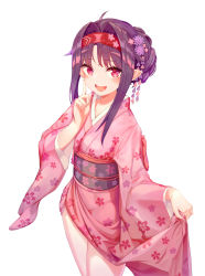 Rule 34 | 1girl, absurdres, ahoge, alternate costume, alternate hairstyle, braid, clothes lift, floral print, flower, french braid, from above, hair flower, hair ornament, hair up, hairband, hand on own cheek, hand on own face, happy, highres, index finger raised, japanese clothes, kimono, kimono lift, light particles, looking at viewer, looking up, munseonghwa, obi, open mouth, purple hair, red eyes, sash, simple background, smile, solo, sword art online, white background, yuuki (sao)