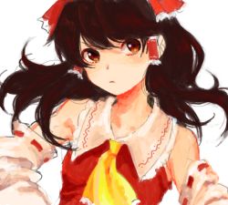 Rule 34 | 1girl, armpit crease, ascot, bad drawr id, bad id, bare shoulders, brown eyes, brown hair, closed mouth, detached sleeves, drawr, floating hair, frilled hair tubes, frilled shirt collar, frills, hair tubes, hakurei reimu, hand on own hip, head tilt, kooki, long hair, long sleeves, looking at viewer, looking to the side, oekaki, red vest, ribbon-trimmed sleeves, ribbon trim, simple background, sleeveless, solo, swept bangs, touhou, upper body, v-shaped eyebrows, vest, white background, wide sleeves, yellow ascot