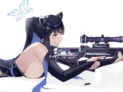 Rule 34 | 1girl, animal ear fluff, animal ears, black dress, black hair, blue archive, breasts, bridal gauntlets, bullpup, china dress, chinese clothes, closed mouth, dress, expressionless, floral print, green eyes, gun, halo, highres, holding, holding weapon, large breasts, long hair, looking through scope, nana24, ponytail, qbu-88, rifle, shun (blue archive), sideboob, sidelocks, sniper rifle, solo, tiger ears, upper body, weapon, white background