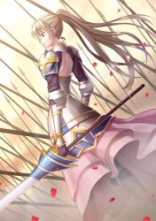 Rule 34 | 1girl, armor, armored boots, armored dress, backless outfit, black shirt, blonde hair, boots, closed mouth, commentary request, day, dust cloud, dutch angle, falling leaves, feet out of frame, gauntlets, highres, holding, holding lance, holding polearm, holding weapon, ike masato, lance, leaf, long hair, long skirt, long sleeves, looking afar, official alternate costume, outdoors, pauldrons, petals, pink skirt, polearm, ponytail, purple eyes, ragnarok online, royal guard (ragnarok online), shirt, shoulder armor, skirt, sky, solo, spear, standing, weapon, yellow sky