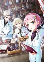 Rule 34 | 1girl, 2boys, arm up, blonde hair, blue eyes, breast pocket, brown eyes, brown hair, character request, chestnut mouth, commission, desk, farma de medicis, glint, gloves, highres, horseshoe ornament, indoors, isekai yakkyoku, keepout, long sleeves, looking at another, microscope, multiple boys, paper, pen, pill bottle, pink hair, pocket, quill, short hair, standing, uniform, white gloves, writing