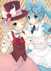 Rule 34 | 2girls, :q, alice in musicland (vocaloid), aqua hair, blonde hair, blue eyes, bow, bowtie, cup, dress, hat, hatsune miku, kagamine rin, multiple girls, musical note, one eye closed, short hair, spoon, striped, striped background, tea, teacup, tongue, tongue out, top hat, twintails, vocaloid, wink, yukiko (yukihakka)