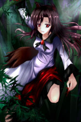 Rule 34 | 1girl, animal ears, bamboo, bamboo forest, brooch, brown hair, dress, fang, fingernails, forest, imaizumi kagerou, jewelry, long fingernails, long hair, long sleeves, moonlight, nature, open mouth, realdragon, red eyes, solo, tail, touhou, very long hair, wide sleeves, wolf ears, wolf tail