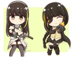 Rule 34 | 2girls, alcohol, assault rifle, asymmetrical legwear, black footwear, black gloves, black hair, black shorts, black skirt, black socks, blonde hair, blush, boots, bottle, brown eyes, brown shirt, chibi, closed eyes, closed mouth, collared shirt, commission, dress shirt, eyepatch, facing viewer, girls&#039; frontline, gloves, green background, green hair, green shirt, grey gloves, gun, holding, holding gun, holding weapon, jack daniel&#039;s, kneehighs, looking at viewer, m16a1 (girls&#039; frontline), m4 carbine, m4a1 (girls&#039; frontline), multicolored hair, multiple girls, name connection, hugging object, object namesake, pleated skirt, ribbed shirt, rifle, rynzfrancis, shirt, short shorts, shorts, single kneehigh, single sock, single thighhigh, skirt, sleeveless, sleeveless shirt, smile, socks, streaked hair, thighhighs, twitter username, two-tone background, uneven legwear, watermark, weapon, white background