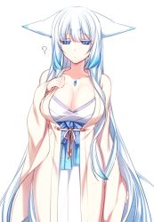 Rule 34 | 1girl, ?, animal ears, blue eyes, blue hair, breasts, bright pupils, cleavage, closed mouth, ears down, fox ears, hand up, japanese clothes, konshin, large breasts, long hair, looking at viewer, orie mishiro, original, sash, short eyebrows, simple background, solo, very long hair, white background