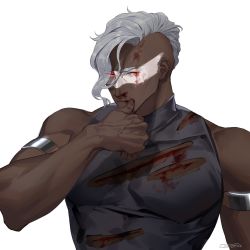 Rule 34 | 1boy, ares, ares (hades), armband, artist name, bara, biceps, blood, dark-skinned male, dark skin, hades (series), hades 1, highres, injury, large pectorals, looking at viewer, male focus, manly, muscular, muscular male, o3tofu, paint, paint on body, pectorals, red eyes, shirt, silver hair, sleeveless, solo, thick arms, tight clothes, torn clothes, turtleneck, upper body