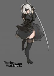 Rule 34 | 1girl, black dress, black thighhighs, blindfold, boots, dress, full body, gloves, hairband, high heels, highres, ihavetwoooo, looking back, nier (series), nier:automata, short hair, side slit, solo, sword, thigh boots, thighhighs, thighs, weapon, white hair, 2b (nier:automata)