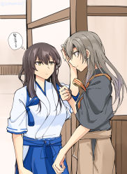 Rule 34 | 2girls, absurdres, alternate hairstyle, blue hakama, brown hair, brown hakama, closed mouth, commentary request, eye contact, green eyes, grey hair, hair between eyes, hair down, hakama, hakama skirt, highres, holding another&#039;s hair, indoors, japanese clothes, kaga (kancolle), kantai collection, long hair, looking at another, multiple girls, samonasu17, skirt, tasuki, thought bubble, translation request, twitter username, yellow eyes, yuri, zuikaku (kancolle)