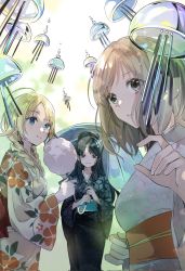 Rule 34 | 3girls, black hair, blonde hair, blue eyes, blue kimono, blue umbrella, blurry, blurry background, braid, character request, copyright request, cotton candy, day, eating, floral print, food, hand up, highres, holding, holding food, holding umbrella, japanese clothes, kimono, long hair, looking at viewer, medium hair, multiple girls, obi, outdoors, parted bangs, parted lips, purple eyes, sash, shunka tunacan, smile, sparkle, sparkling eyes, twin braids, umbrella, white kimono, wind chime, yellow eyes