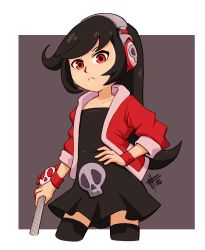 Rule 34 | 1girl, absurdres, alternate hairstyle, ashley (warioware), black dress, black hair, black thighhighs, blouse, commission, crazy galaxy, dress, hand on own hip, headphones, highres, jacket, long hair, mateus upd, nintendo, official alternate costume, red eyes, red jacket, shirt, sidelocks, simple background, skull print, solo, thighhighs, warioware, zettai ryouiki