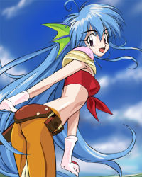 Rule 34 | 1990s (style), 1girl, :d, ahoge, arched back, ass, blue hair, blue sky, day, fins, gloves, haruyama kazunori, head fins, k.o. century beast warriors, ko seiki beast sanjuushi, leaning forward, long hair, looking at viewer, looking back, mei mer, midriff, open mouth, pantyhose, purple eyes, retro artstyle, sky, smile, solo, strapless, tube top, very long hair