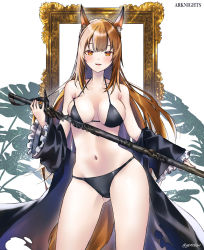 Rule 34 | 1girl, :d, animal ear fluff, animal ears, arknights, bare shoulders, bikini, black bikini, black coat, blush, breasts, brown eyes, brown hair, cleavage, coat, collarbone, contrapposto, cowboy shot, fox ears, fox girl, fox tail, franka (arknights), frilled sleeves, frills, gluteal fold, goro desu, highres, holding, holding sword, holding weapon, large breasts, long hair, long sleeves, looking at viewer, navel, off shoulder, open clothes, open coat, open mouth, picture frame, sheath, sheathed, skindentation, smile, solo, stomach, swimsuit, sword, tail, unsheathing, very long hair, weapon