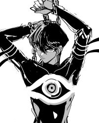 Rule 34 | 1boy, absurdres, arms up, bound, bound arms, chain, closed mouth, glaring, greyscale, hair between eyes, highres, kaiba seto, kararimorz, long sleeves, looking at viewer, male focus, millennium eye, monochrome, shirt, short hair, solo, upper body, white background, yu-gi-oh!, yu-gi-oh! duel monsters