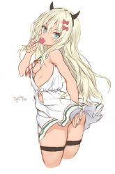 Rule 34 | 1girl, absurdres, aqua eyes, artist name, ass, bad id, bad pixiv id, bare arms, bare shoulders, black hairband, blonde hair, blush, breasts, candy, commentary request, covering ass, covering privates, cropped legs, demon horns, dress, eating, fake horns, food, goekawa, grecale (kancolle), hairband, highres, holding, holding food, horns, kantai collection, leaning forward, lollipop, long hair, neckerchief, sideboob, simple background, sleeveless, sleeveless dress, small breasts, smug, solo, striped neckerchief, striped neckwear, thigh strap, v-shaped eyebrows, very long hair, white background, white dress
