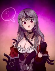 Rule 34 | 1girl, ?, @ @, belt, black coat, black gloves, breasts, cleavage, coat, collar, commentary request, frilled shirt, frills, gloves, hair ornament, hairclip, highres, hololive, large breasts, long hair, looking at viewer, multicolored hair, off shoulder, open mouth, pink background, red eyes, sakamata chloe, sakamata chloe (1st costume), shirt, solo, spoken question mark, strap slip, streaked hair, sweat, uni gyoza, upper body, virtual youtuber, white shirt, x hair ornament