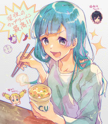 Rule 34 | 3girls, analog clock, asymmetrical bangs, bad id, bad twitter id, black hair, blonde hair, blue hair, blush, breasts, brown eyes, casual, chibi, chibi inset, chili pepper, chopsticks, clock, collarbone, commentary, cow, cup ramen, drooling, eating, grey background, highres, holding, holding chopsticks, jujutsu kaisen, light blue hair, long hair, miwa kasumi, multiple girls, nishimiya momo, open mouth, polka dot, polka dot background, saliva, shirt, short hair, simple background, small breasts, smile, solo focus, sparkle, steam, symbol-only commentary, t-shirt, tsunetsuro, twintails, upper body, white shirt, zenin mai
