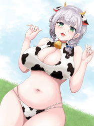 Rule 34 | 1girl, absurdres, animal ears, animal print, bell, bikini, blue sky, blush, bow, braid, breasts, cleavage, cleavage cutout, clothing cutout, cloud, cloudy sky, cow ears, cow horns, cow print, cowbell, dutch angle, grass, green eyes, groin, hair bow, hands up, highres, hololive, horns, huge breasts, kuro hopper, looking at viewer, multi-strapped bikini, navel, neck bell, open mouth, plaid, plaid skirt, shirogane noel, shirogane noel (casual), side braid, silver hair, skirt, sky, smile, solo, sweater, swimsuit, virtual youtuber