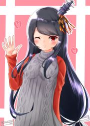 Rule 34 | 10s, 1girl, absurdres, alternate costume, aran sweater, black hair, blush, cable knit, fusou (kancolle), hair ornament, hair ribbon, heart, highres, kantai collection, long hair, low-tied long hair, momimaki, one eye closed, red eyes, ribbon, smile, solo, sweater, twitter username, waving