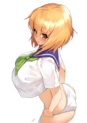 Rule 34 | 1girl, ass, blonde hair, blush, breasts, brown eyes, commentary, crop top, crop top overhang, gao (gaolukchup), highres, huge breasts, j-list, mascot, megumi (j-list), no pants, panties, sailor collar, short hair, solo, thighhighs, thighs, underwear, white background, white panties, white thighhighs