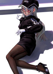 Rule 34 | 1girl, ankle strap, artist name, black pantyhose, closed mouth, eyebrows hidden by hair, fkey, glasses, gloves, grey hair, hat, high heels, highres, on floor, original, pantyhose, pencil skirt, red eyes, shadow, skirt, solo, strappy heels, sweater, white gloves