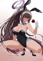 Rule 34 | 1girl, absurdres, bare shoulders, black footwear, black hair, black headband, black leotard, blue archive, blush, bow, bowtie, breasts, cleavage, crossed bangs, cup, curvy, dark-skinned female, dark skin, detached collar, drinking glass, full body, gloves, gluteal fold, hair between eyes, halo, hand up, headband, high heels, high ponytail, highleg, highleg leotard, highres, holding, holding cup, huge breasts, karin (blue archive), karin (bunny) (blue archive), large breasts, leotard, long hair, looking at viewer, open mouth, playboy bunny, rabbit tail, shinalpha, shiny clothes, shiny skin, simple background, slit pupils, solo, spread legs, squatting, strapless, strapless leotard, sweatdrop, tail, thighs, thong leotard, traditional bowtie, very long hair, white gloves, wide hips, wine glass, wrist cuffs, yellow eyes