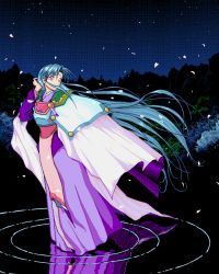 Rule 34 | 1990s (style), 1girl, blue hair, cherry blossoms, dithering, facial mark, forehead mark, hand to head, japanese clothes, kimono, long hair, looking afar, looking to the side, night, pc-98 (style), pink eyes, pixel art, retro artstyle, ripples, sidelocks, sky, solo, spiked hair, star (sky), tenchi muyou!, tsunami (tenchi muyou!), very long hair, walking, walking on liquid, water