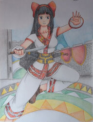 Rule 34 | 1girl, ainu clothes, black hair, breasts, fighting stance, fingerless gloves, gloves, grey eyes, hair ribbon, highres, large breasts, leg lift, leg up, legs, long hair, nakoruru, pants, parted lips, ribbon, samurai spirits, serious, snk, solo, the king of fighters, the king of fighters xiv, thighs, traditional media, weapon