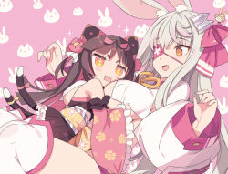 Rule 34 | 2girls, :d, animal ears, bare shoulders, between breasts, blade (galaxist), blonde hair, blush, bow, breasts, brown eyes, rabbit ears, cat ears, character name, detached sleeves, eyepatch, flower, hair bow, hair flower, hair ornament, hands up, head between breasts, large breasts, long hair, long sleeves, multiple girls, multiple tails, nekoyama nae, obi, one eye covered, open mouth, puffy long sleeves, puffy sleeves, rectangular mouth, red bow, sash, size difference, smile, tail, thighhighs, toranoana, two tails, white legwear