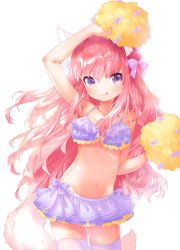 Rule 34 | 1girl, :q, animal ears, arm up, blush, breasts, cheerleader, commentary request, crop top, hair ribbon, highres, holding, holding pom poms, long hair, looking at viewer, midriff, miniskirt, mutou mato, navel, original, pink hair, pom pom (cheerleading), pom poms, purple eyes, purple ribbon, purple skirt, ribbon, simple background, skindentation, skirt, small breasts, smile, solo, tail, thighhighs, tongue, tongue out, wavy hair, white background, white thighhighs