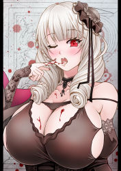 Rule 34 | 1girl, azur lane, bare shoulders, black dress, black headwear, blood, blood on breasts, blood on hands, blush, breasts, cleavage, collarbone, dress, drill hair, drill sidelocks, fangs, fangs out, grey hair, highres, large breasts, long hair, looking at viewer, luetzow (azur lane), luetzow (everlasting blood banquet) (azur lane), nail polish, official alternate costume, one eye closed, open mouth, red eyes, red nails, sai-go, saliva, sidelocks, simple background, solo, tongue, tongue out, upper body, vampire