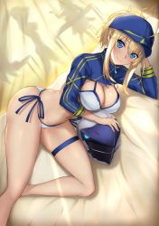 Rule 34 | 1girl, ahoge, akatsuki ikki, artoria pendragon (fate), bare legs, barefoot, baseball cap, bed, bed sheet, bikini, blonde hair, blue eyes, blue hat, blurry, blurry foreground, breasts, chair, cleavage, commentary request, dutch angle, fate/grand order, fate (series), hair through headwear, hat, helmet, highres, large breasts, long hair, looking at viewer, lying, motorcycle helmet, mysterious heroine xx (fate), navel, on side, people, ponytail, shrug (clothing), side-tie bikini bottom, smile, solo, swimsuit, table, white bikini, yellow background