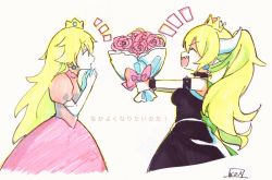 Rule 34 | 2girls, :d, ^ ^, black dress, blonde hair, bouquet, bowsette, bracelet, closed eyes, collar, crown, dress, earrings, elbow gloves, facing another, flower, gloves, grey background, hair between eyes, holding, holding bouquet, horns, jewelry, long hair, looking at another, mario (series), mini crown, multiple girls, new super mario bros. u deluxe, nintendo, open mouth, parted lips, photo (medium), pink dress, pink flower, pink rose, ponytail, princess peach, profile, puffy short sleeves, puffy sleeves, rose, sharp teeth, short sleeves, signature, smile, sofra, spiked bracelet, spiked collar, spikes, super crown, teeth, traditional media, very long hair, white gloves