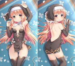 Rule 34 | 1girl, arm up, armpits, backless dress, backless outfit, bare shoulders, black dress, black thighhighs, blush, breasts, bridal gauntlets, brown eyes, closed mouth, craytm, dakimakura (medium), dress, frills, long hair, looking at viewer, lying, multiple views, nun, on back, on side, original, parted lips, petals, small breasts, thighhighs, v-shaped eyebrows, very long hair, wooden floor