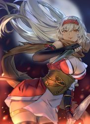 Rule 34 | 1girl, absurdres, arm strap, black gloves, black thighhighs, blurry, blurry background, breasts, cleavage, commentary, commission, dagger, dress, dual wielding, english commentary, fingerless gloves, fire emblem, fire emblem: the binding blade, fire emblem heroes, full moon, gloves, grey hair, hairband, highres, holding, holding dagger, holding knife, holding weapon, igrene (fire emblem), knife, kunai, large breasts, light smile, lips, long hair, mole, mole under eye, moon, night, ninja, nintendo, nipples, official alternate costume, orange eyes, pelvic curtain, qitoli, red dress, red hairband, scarf, second-party source, short dress, single vambrace, skeb commission, solo, thigh strap, thighhighs, thighs, vambraces, weapon