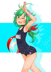 Rule 34 | 1girl, antenna hair, arm up, bad id, bad twitter id, ball, bangle, beachball, blush, bracelet, breasts, choker, green eyes, green hair, hair ribbon, jewelry, kantai collection, kitsuneno denpachi, long hair, matsu (kancolle), name tag, one-piece swimsuit, one eye closed, open mouth, outline, ribbon, school swimsuit, simple background, small breasts, solo, swimsuit, two-tone background