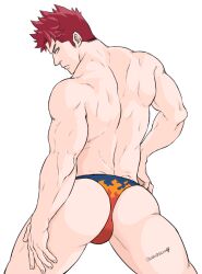 Rule 34 | 1boy, ass, ass focus, back, back focus, bara, bikini briefs, boku no hero academia, endeavor (boku no hero academia), feet out of frame, flame print, from behind, large pectorals, long sideburns, looking at viewer, looking back, male focus, male underwear, muscular, muscular male, pectorals, shiroshiro69, short hair, sideburns, solo, spiked hair, standing, thick thighs, thighs, topless male, underwear