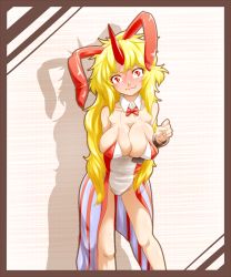 Rule 34 | 1girl, adapted costume, animal ears, bare legs, bent over, blonde hair, blush, breasts squeezed together, breasts, rabbit ears, cleaver, collarbone, cuffs, fake animal ears, female focus, framed, horns, hoshiguma yuugi, large breasts, leotard, long hair, looking at viewer, playboy bunny, red eyes, shackles, showgirl skirt, single horn, solo, touhou, wavy mouth, yuuki (yukigeshou hyouka)